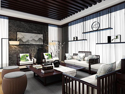 3d中式客厅沙发茶几组合模型