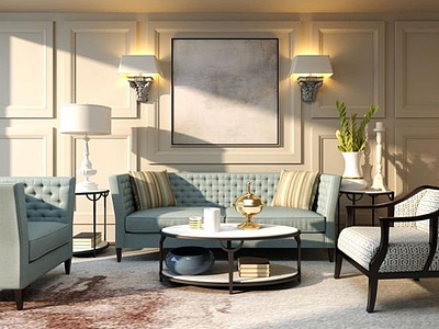 现代美式客厅沙发椅子组合模型
