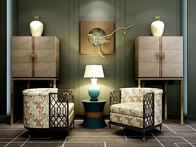 3d现代中式柜子沙发墙饰品组合模型