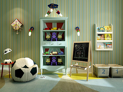 3d男孩房足球沙发玩具柜组合模型