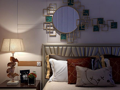 3d中式床具创意台灯墙饰组合模型