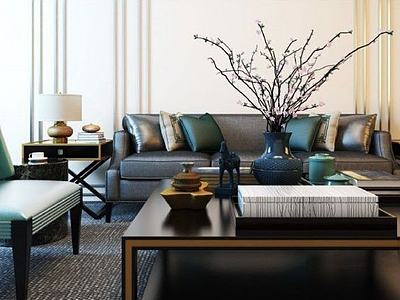3d新中式客厅沙发椅子组合模型