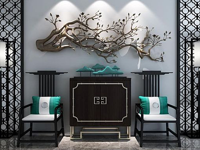 3d新中式边柜椅子树木墙饰组合模型