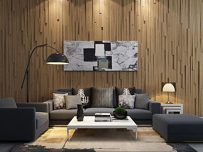 3d木质造形墙沙发茶几组合模型