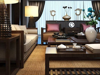 新中式沙发茶几饰品组合模型3d模型
