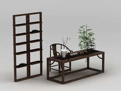3d新中式茶室茶具摆件组合模型