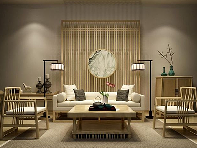 中式原木沙发茶几屏风组合3d模型