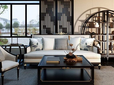 新中式客厅沙发椅子博古架组合3d模型