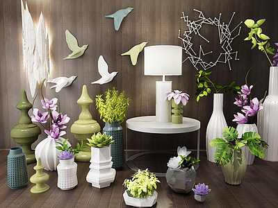 3d小鸟墙饰花艺植物组合模型