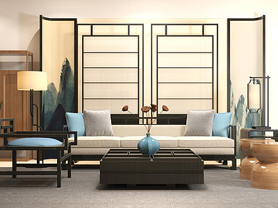 3d新中式沙发茶几莲子饰品组合模型