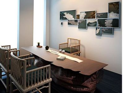 3d新中式木头茶桌椅组合模型