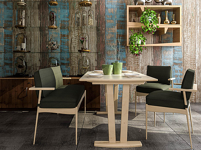 3d现代原木餐桌椅组合模型