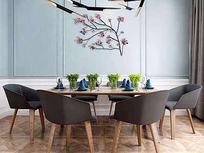 3d现代北欧餐桌椅富贵竹盆景组合模型