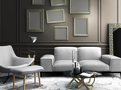 3d现代沙发茶几雕花镜框墙饰组合模型
