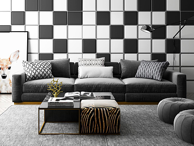 休闲沙发茶几黑白格子背景墙组合模型3d模型