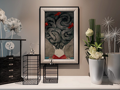 日式挂画鸟笼花瓶模型3d模型