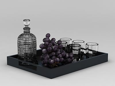 玻璃酒瓶酒杯和葡萄模型3d模型