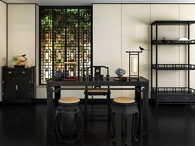 中式书房桌椅储物架组合3d模型