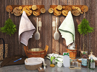 田园风浴室木头毛巾模型