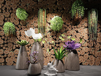 现代木头装饰墙绿植盆栽组合模型3d模型