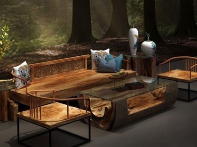 中式简约朽木沙发椅子组合模型3d模型