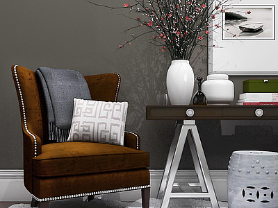 3d深棕色铆钉沙发椅花艺装饰品组合模型