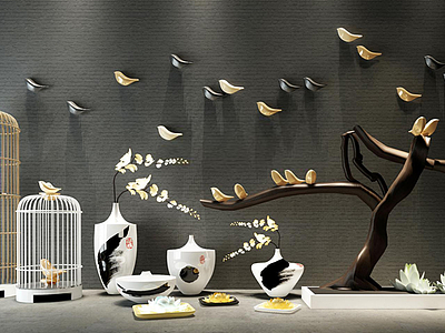 3d新中式花艺鸽子鸟笼饰品模型