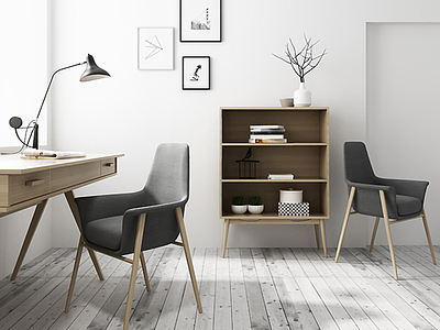 3d现代书桌椅实木柜子组合模型