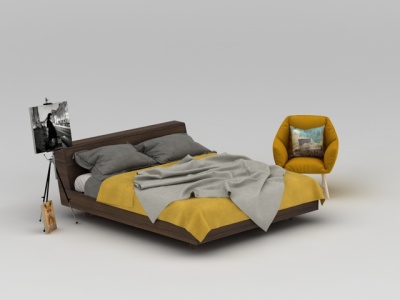 3d现代舒适双人床单椅组合模型