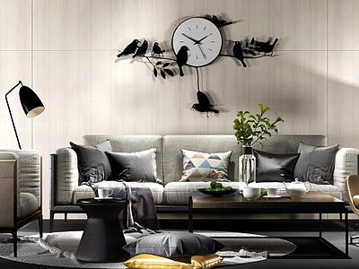 现代沙发茶几小鸟挂钟组合模型3d模型