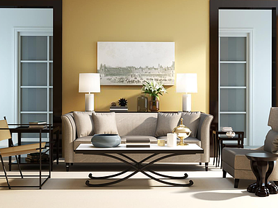 现代麻布沙发实木茶几组合3d模型
