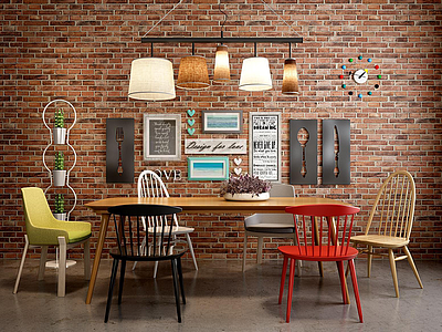 loft实木餐桌椅背景墙组合模型3d模型