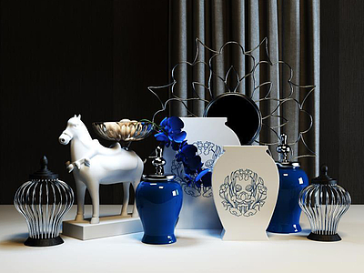 印花陶瓷瓶雕塑马摆件组合3d模型
