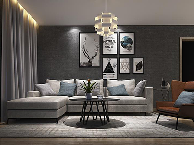 3d现代客厅沙发茶几创意吊灯组合模型