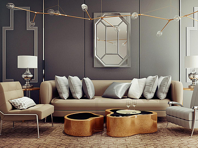 现代客厅沙发吊灯组合模型3d模型