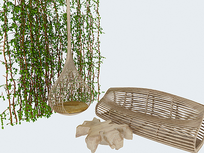 田园藤艺吊椅创意木椅组合模型3d模型