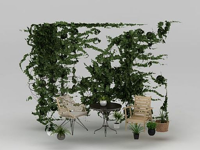 3d庭院休闲桌椅植物墙组合模型