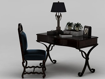 复古美式书桌椅模型
