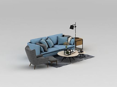 3d北欧蓝色布艺沙发茶几模型
