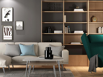 北欧米白色沙发茶几实木书柜组合3d模型