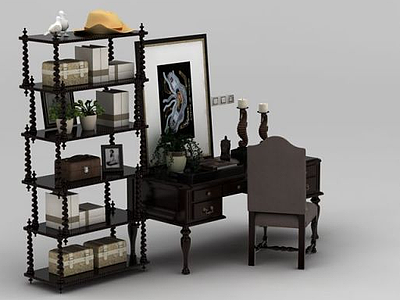 美式书桌椅书架组合模型3d模型