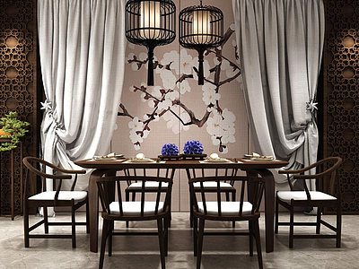 3d新中式餐厅桌椅鸟笼吊灯组合模型