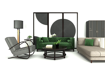 3d新中式沙发屏风组合模型