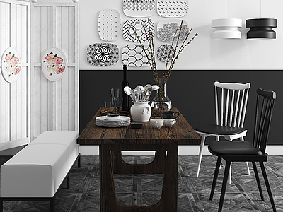 时尚原木餐桌椅白色屏风组合3d模型