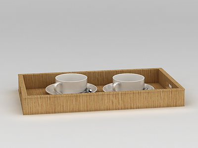 3d木质茶托盘和咖啡杯模型