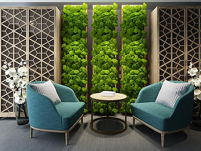 3d客厅植物墙沙发椅茶几组合模型