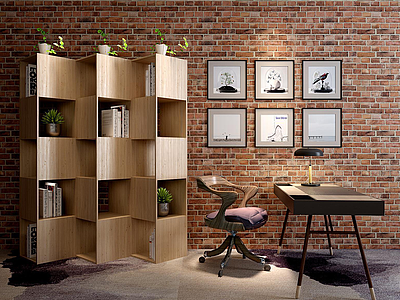 3d书房书柜桌椅家具组合模型