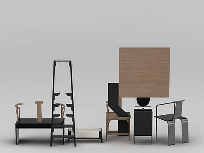 3d新中式客厅椅子边柜组合模型