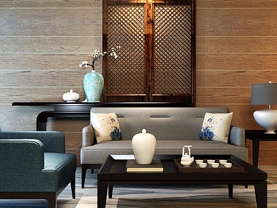3d中式客厅沙发茶几组合模型
