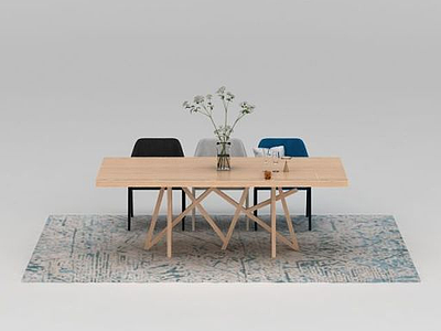 现代实木餐桌椅餐具组合模型3d模型